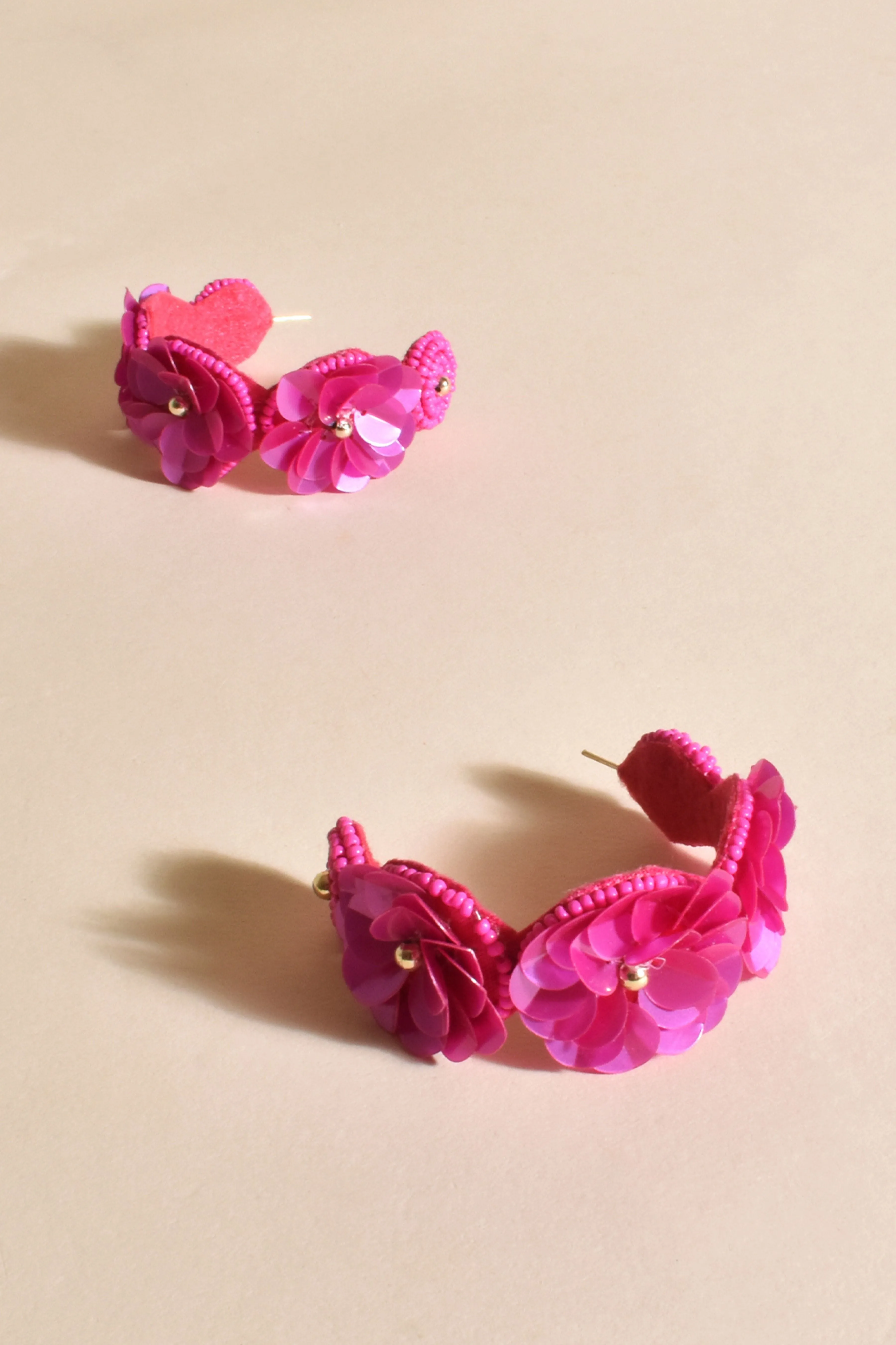 Floral Sequin Hoops - Hot Pink