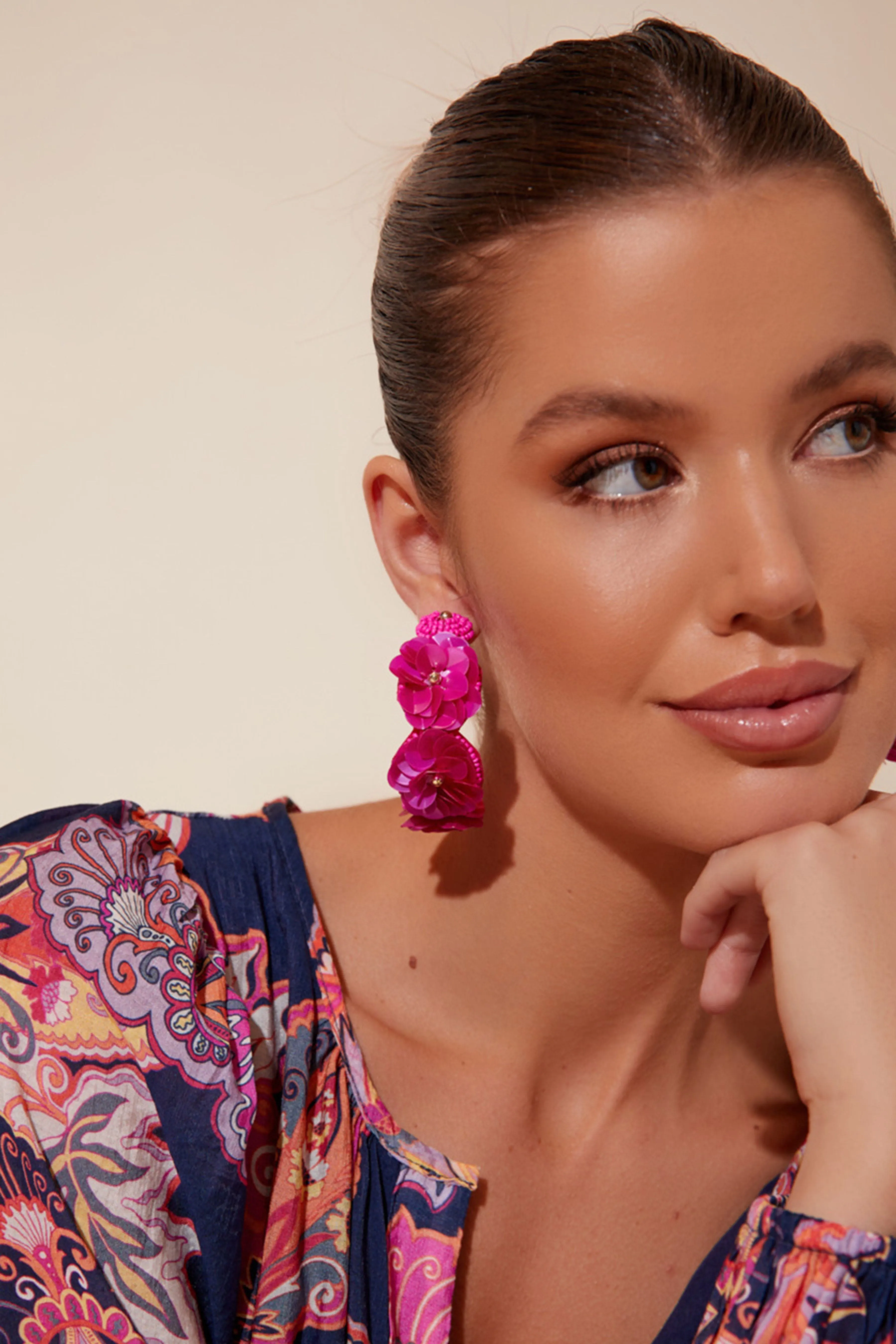Floral Sequin Hoops - Hot Pink