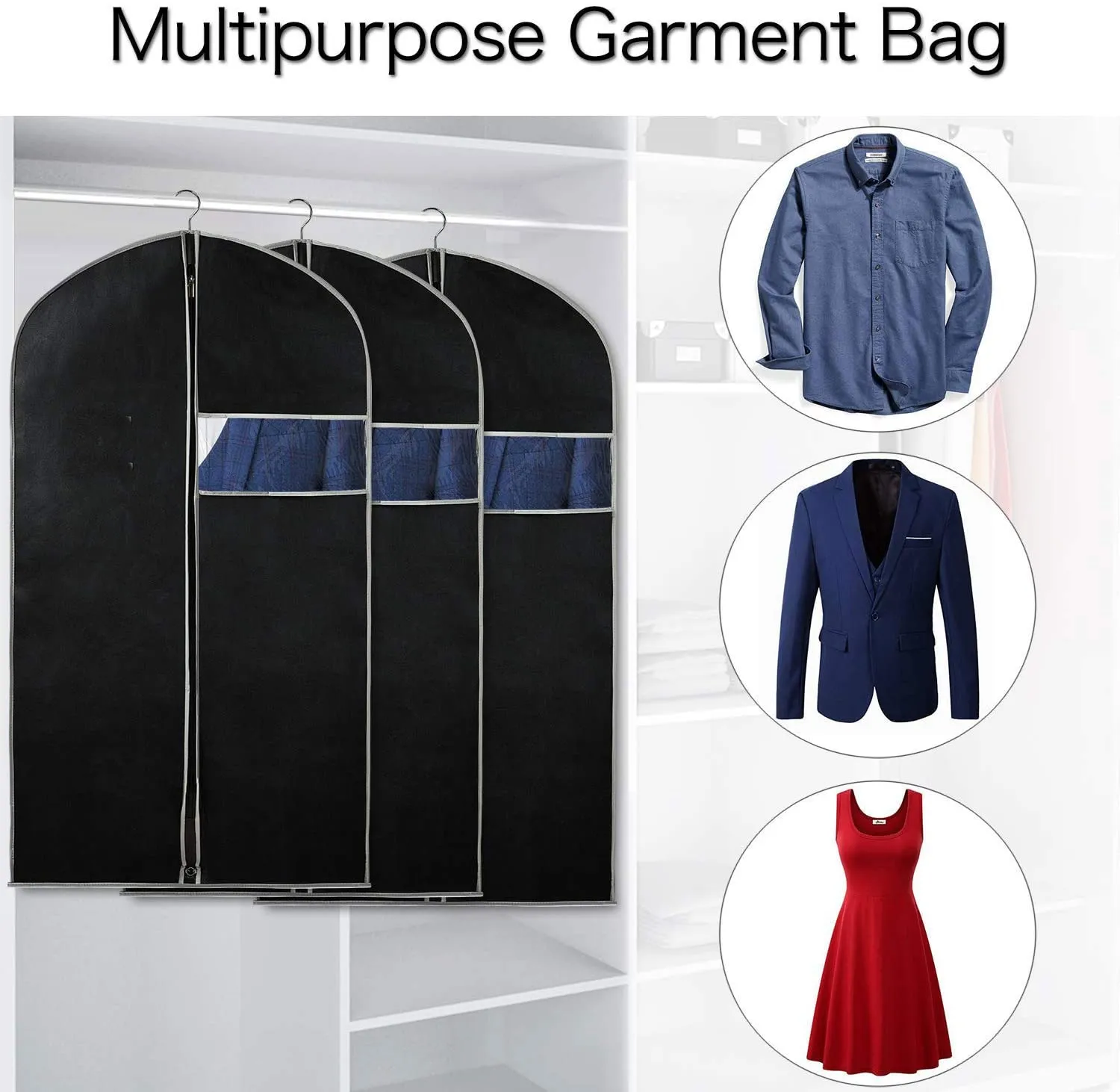 Foldable Breathable Garment Cover Suit Bags for Storage and Travel with Clear Window for Suit, Jacket, Skirt, Shirt and Coat, Set of 5