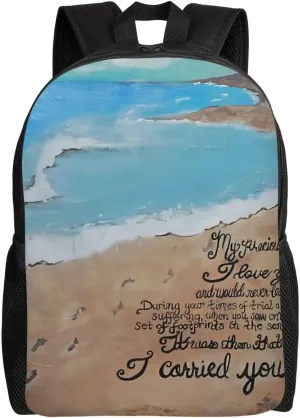 Footprints In The Sand Backpack – Water-Resistant Laptop Bag, 15" Compartment, Lightweight Unisex Daypack For Work & Travel