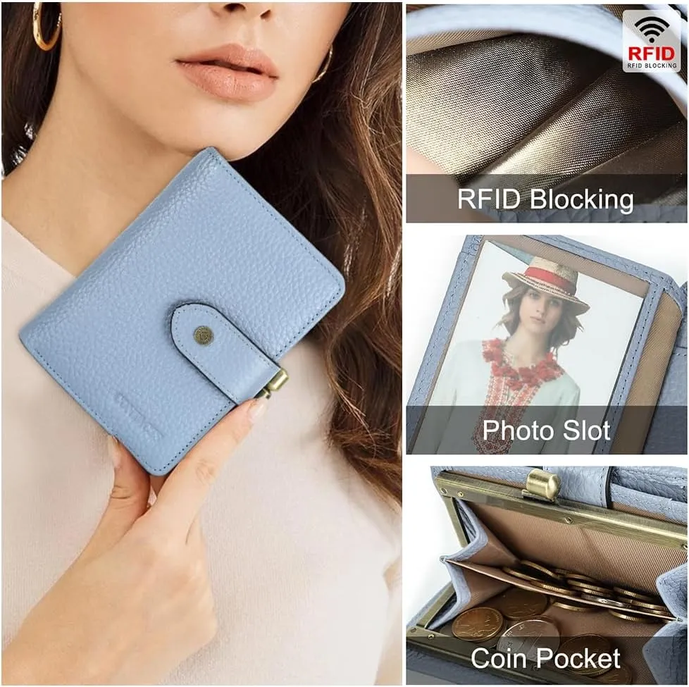 Full Grain Leather Kiss Lock Wallet for Women Kiss Clasp Coin Purse Vintage Bifold Card Wallet with Rfid Blocking (Blue)