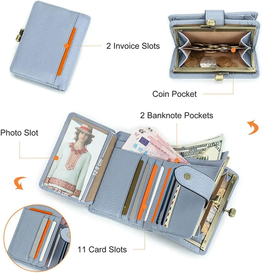 Full Grain Leather Kiss Lock Wallet for Women Kiss Clasp Coin Purse Vintage Bifold Card Wallet with Rfid Blocking (Blue)
