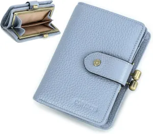 Full Grain Leather Kiss Lock Wallet for Women Kiss Clasp Coin Purse Vintage Bifold Card Wallet with Rfid Blocking (Blue)