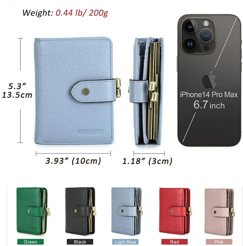 Full Grain Leather Kiss Lock Wallet for Women Kiss Clasp Coin Purse Vintage Bifold Card Wallet with Rfid Blocking (Blue)
