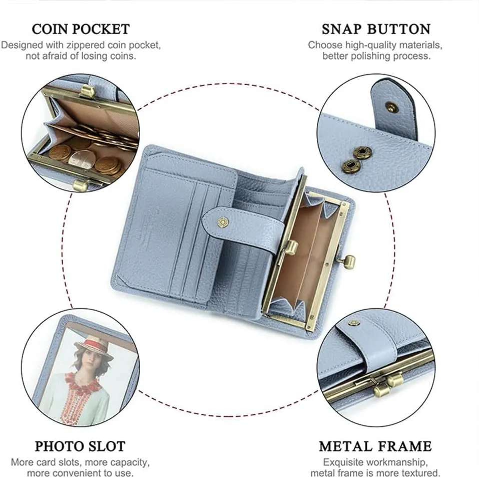 Full Grain Leather Kiss Lock Wallet for Women Kiss Clasp Coin Purse Vintage Bifold Card Wallet with Rfid Blocking (Blue)