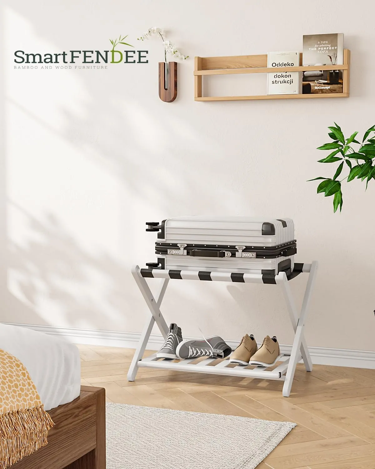 Fully Assembled White Bamboo Luggage Rack, 5 Straps Folding Suitcase Stand with Shoe Shelf, Heavy Duty Wood Large Luggage Holders for Guest Room, Bedroom, Hotel