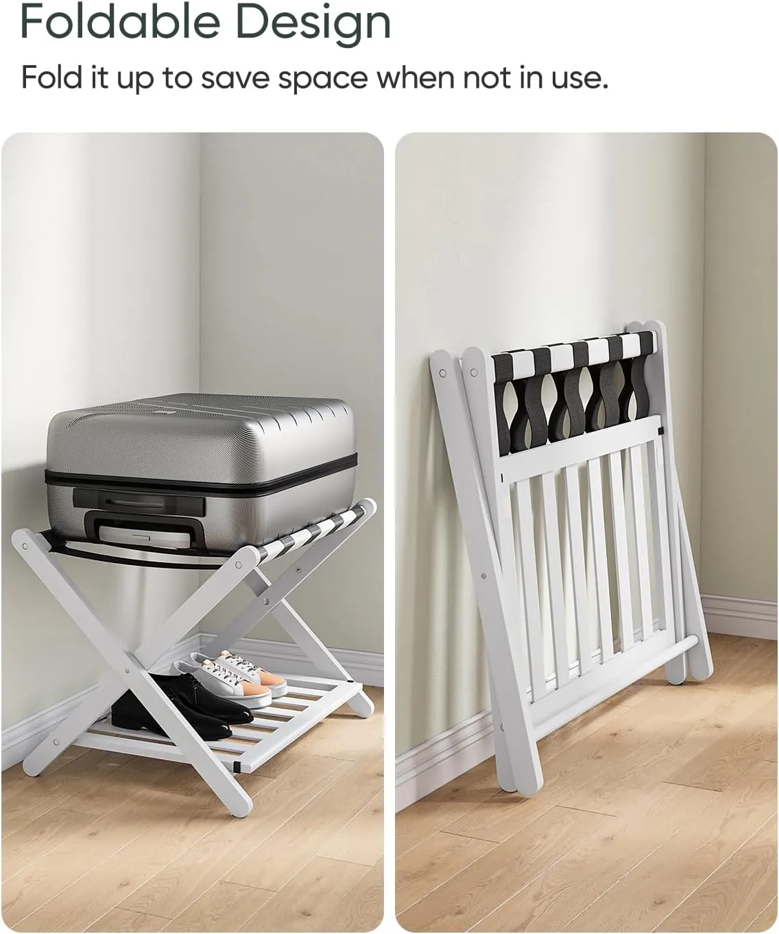 Fully Assembled White Bamboo Luggage Rack, 5 Straps Folding Suitcase Stand with Shoe Shelf, Heavy Duty Wood Large Luggage Holders for Guest Room, Bedroom, Hotel