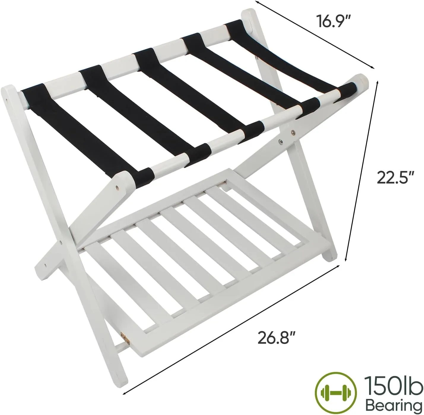 Fully Assembled White Bamboo Luggage Rack, 5 Straps Folding Suitcase Stand with Shoe Shelf, Heavy Duty Wood Large Luggage Holders for Guest Room, Bedroom, Hotel