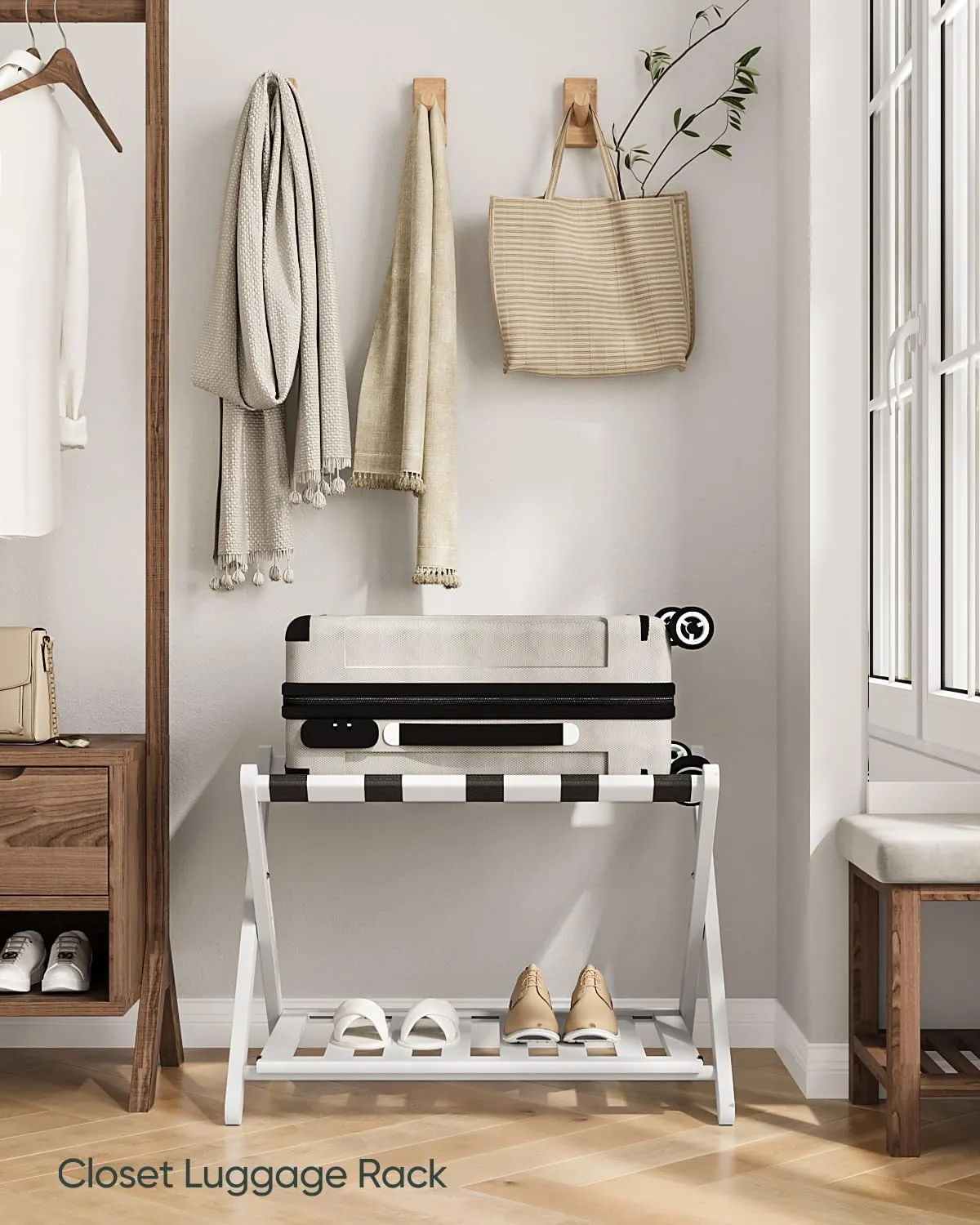 Fully Assembled White Bamboo Luggage Rack, 5 Straps Folding Suitcase Stand with Shoe Shelf, Heavy Duty Wood Large Luggage Holders for Guest Room, Bedroom, Hotel