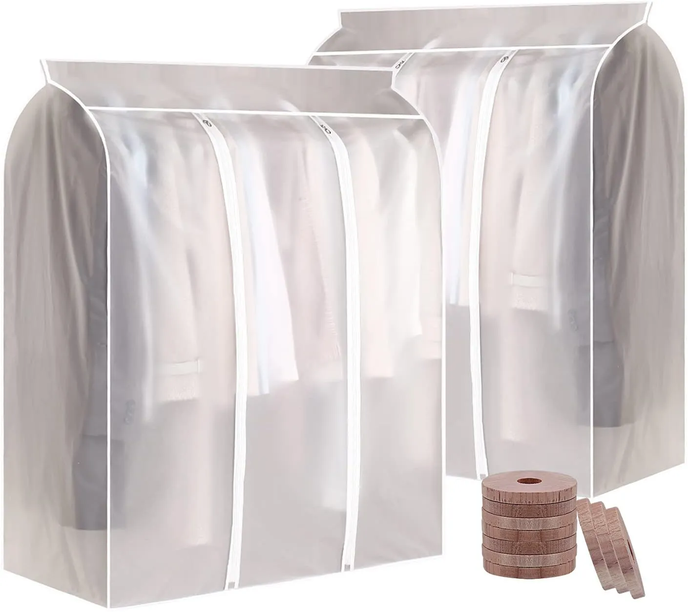 Funland 2 Pcs 50 inch Extra Large Garment Rack Cover, Hanging Garment Bags for Closet Storage, Sealed Clothes Dust Cover to Protect Shirts, Coats, Dresses, Suits, 10 Cedar Wood Chips