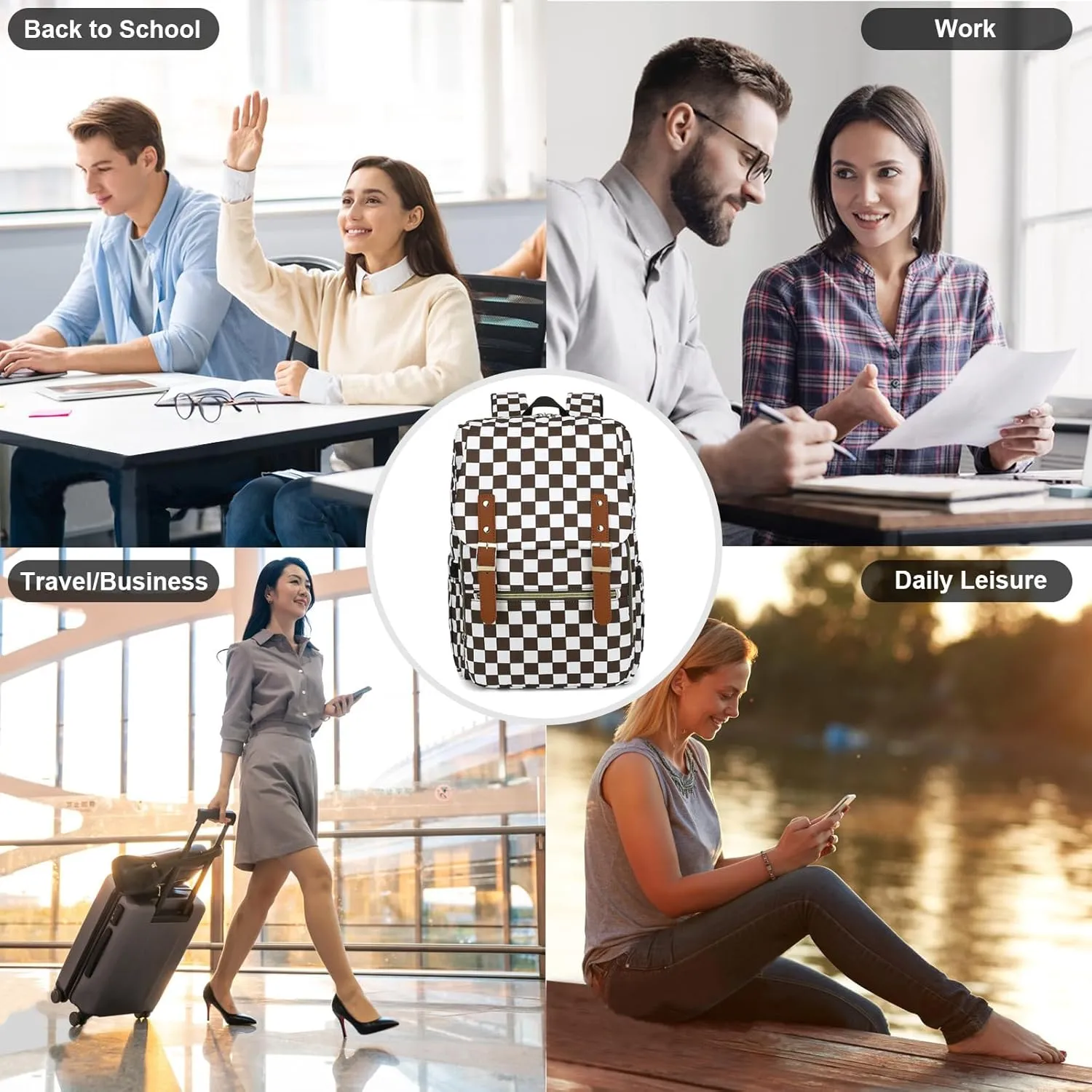 Fuyicat Checkered Laptop Backpack for Women Men Travel Business Work, Girls Boys School Backpack College Bookbag Fit 15.6 Inch Notebook (Brown)