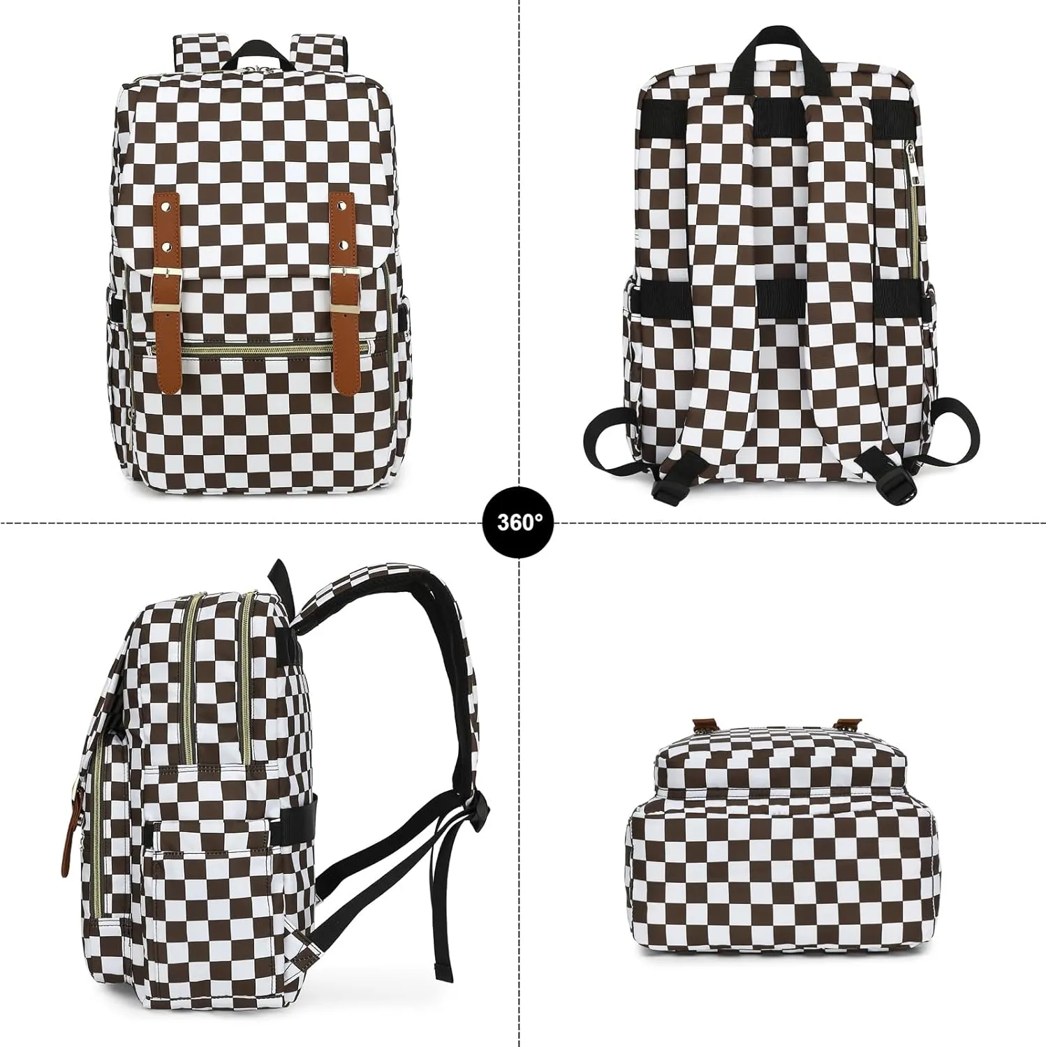 Fuyicat Checkered Laptop Backpack for Women Men Travel Business Work, Girls Boys School Backpack College Bookbag Fit 15.6 Inch Notebook (Brown)
