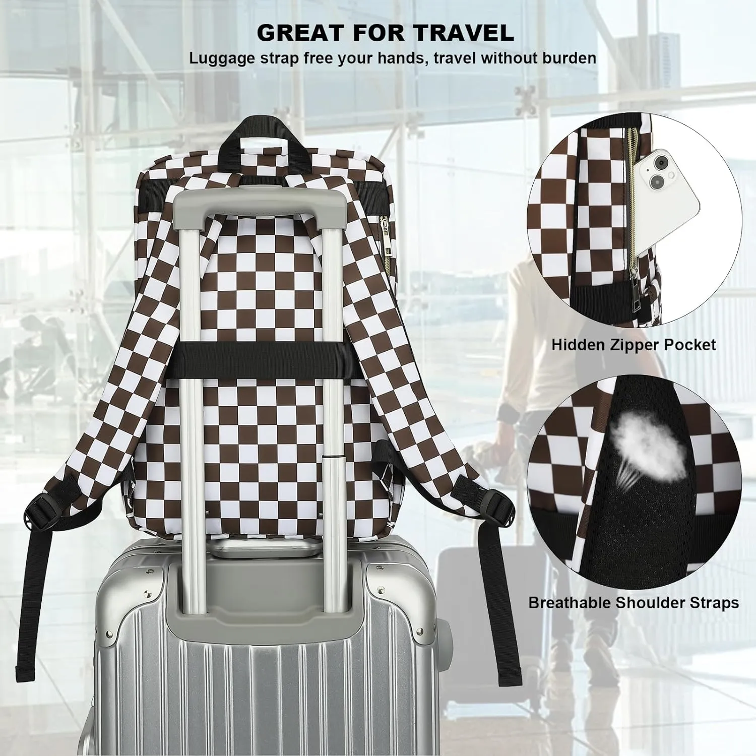 Fuyicat Checkered Laptop Backpack for Women Men Travel Business Work, Girls Boys School Backpack College Bookbag Fit 15.6 Inch Notebook (Brown)