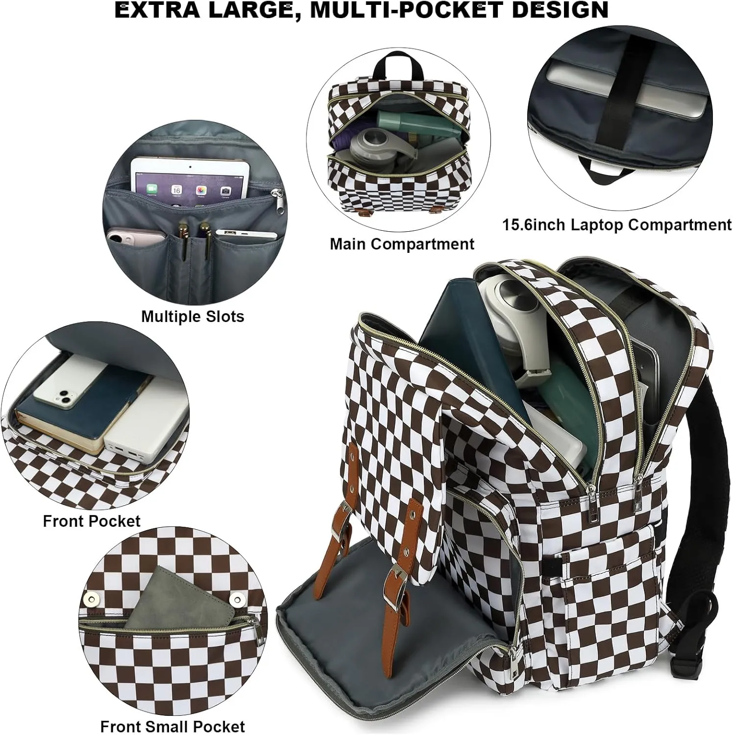 Fuyicat Checkered Laptop Backpack for Women Men Travel Business Work, Girls Boys School Backpack College Bookbag Fit 15.6 Inch Notebook (Brown)