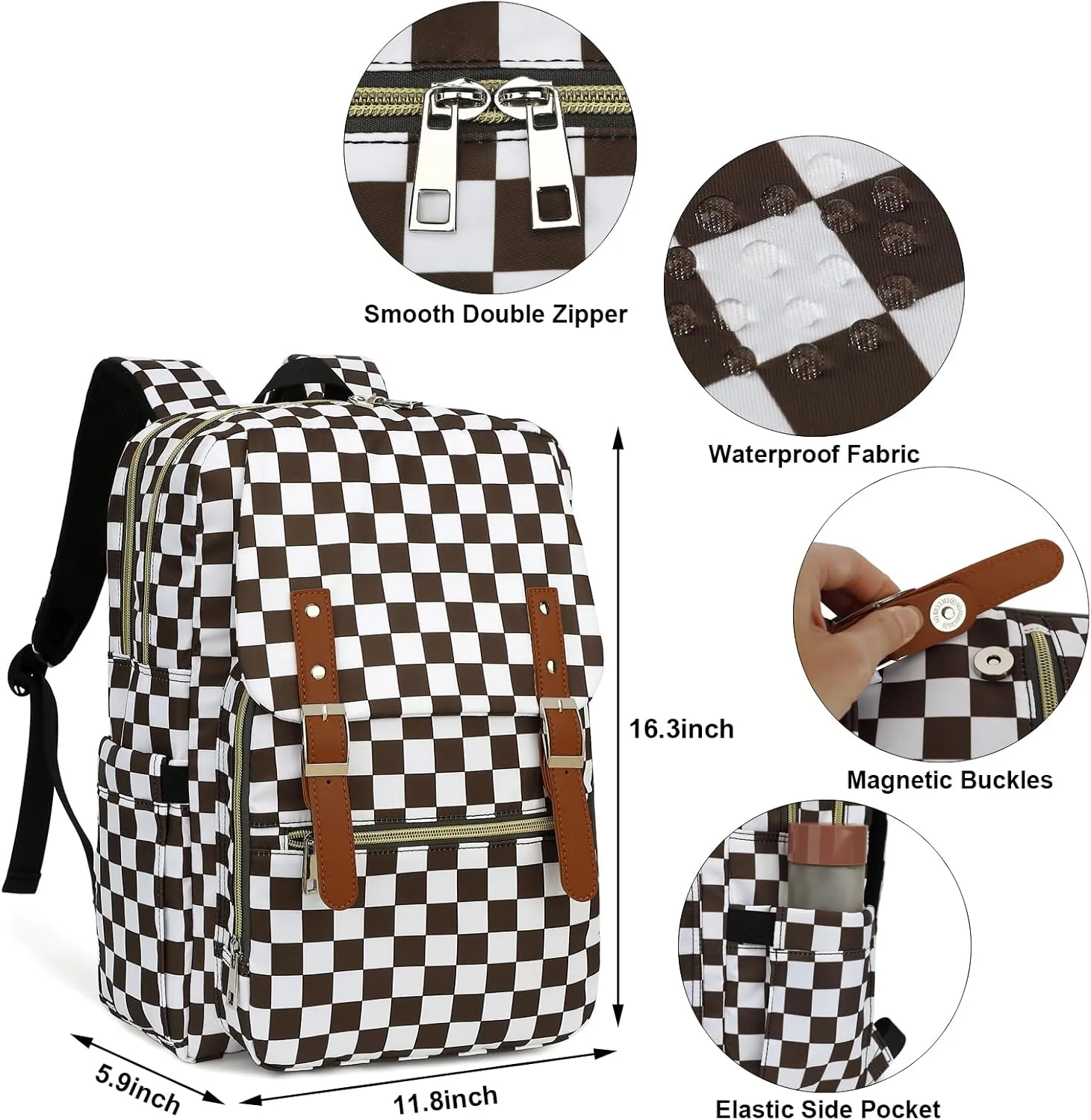 Fuyicat Checkered Laptop Backpack for Women Men Travel Business Work, Girls Boys School Backpack College Bookbag Fit 15.6 Inch Notebook (Brown)