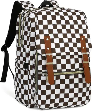 Fuyicat Checkered Laptop Backpack for Women Men Travel Business Work, Girls Boys School Backpack College Bookbag Fit 15.6 Inch Notebook (Brown)