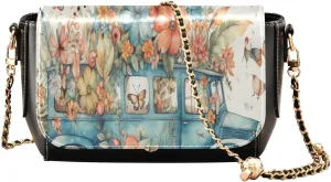 GAIGEO Dragonfly in Turquoise Garland on Black Crossbody Bag with Pocket, Leather Ladies Crossbody Bags