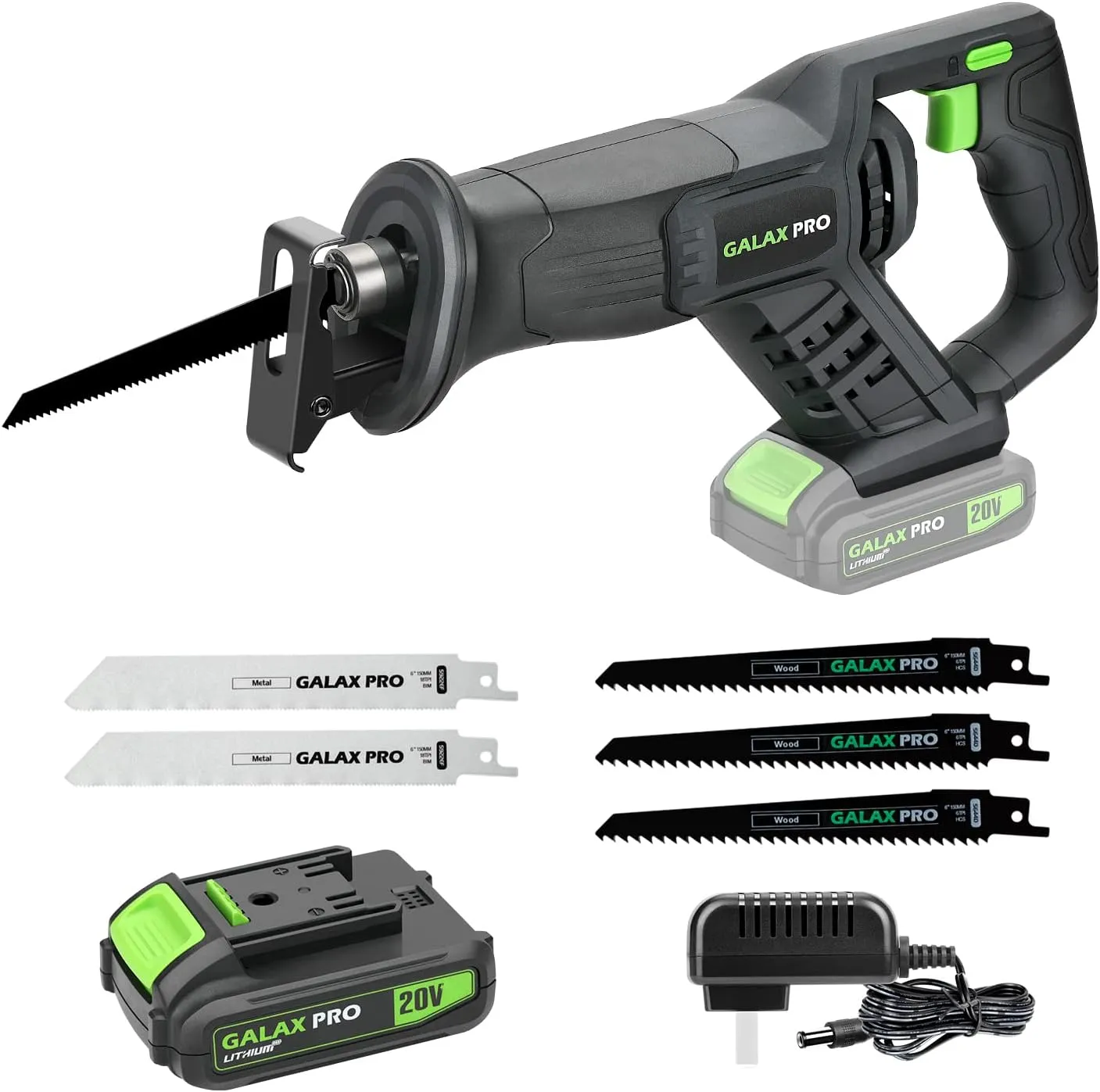 GALAX PRO Cordless Reciprocating Saw with 20V 2.0Ah battery, 0-3000RPM Variable Speed Power Reciprocating Saws with 7/8" Stroke Length,5pcs Zallsaw Blade for thin wooden board, soft metal Cutting