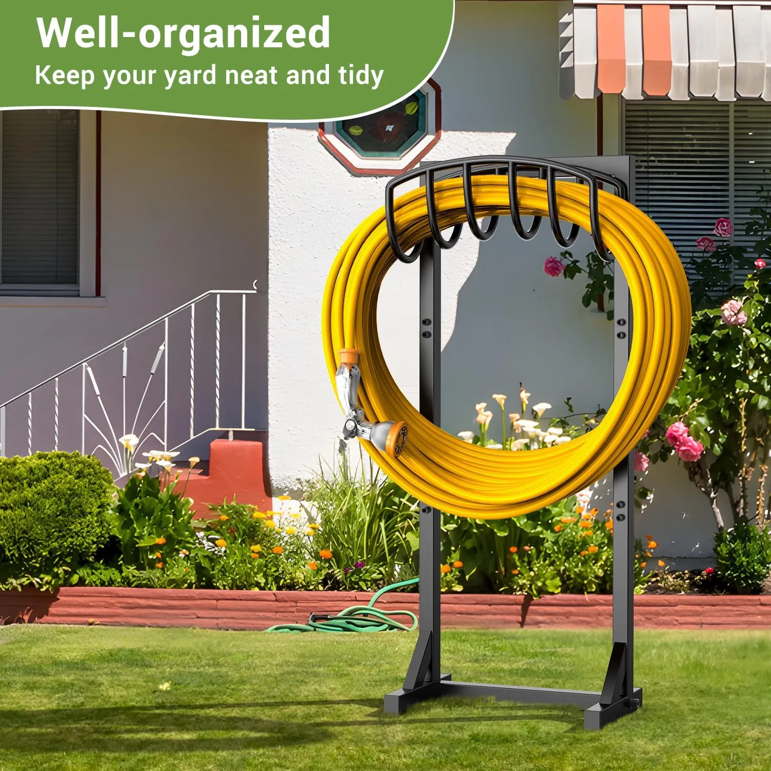 Garden Hose Holder with 4 Spikes, Water Hose Holders for Outside, Outdoor Garden Hose Storage Heavy Duty 150ft Hose Hanger Metal Hose Stand Detachable Hose Reel Rack Organizer