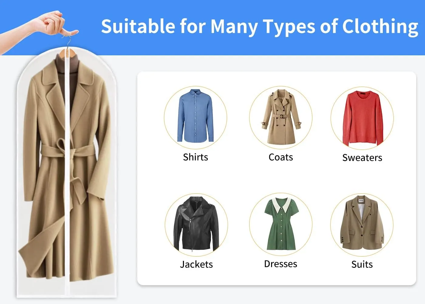 Garment Bag for Hanging clothes, Clear Full Zipper Suit Bags Breathable Dust Garment Cover for Closet and Cloth Storage Dustproof Closet Storage and Travel- 24'' x 55''/10 Pack