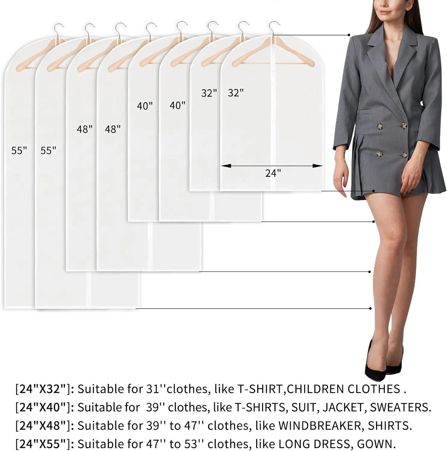 Garment Bag for Hanging clothes, Clear Full Zipper Suit Bags Breathable Dust Garment Cover for Closet and Cloth Storage Dustproof Closet Storage and Travel- 24'' x 55''/10 Pack