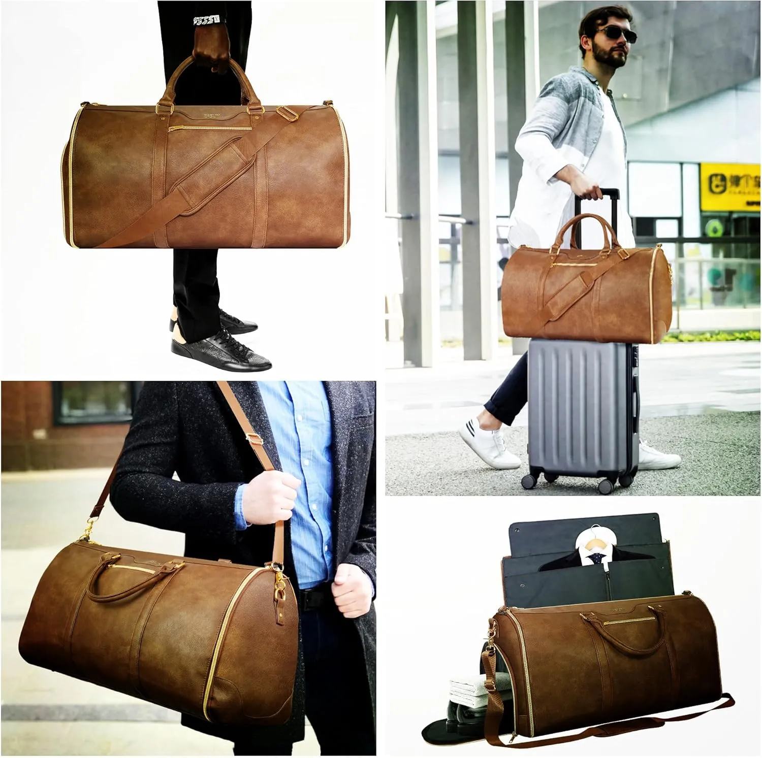 Garment Bag for Travel, Carry On Garment bag, Convertible Duffel Bag with Shoe Compartment, Perfect for Business Trips and Weekend Getaways (LT Brown)