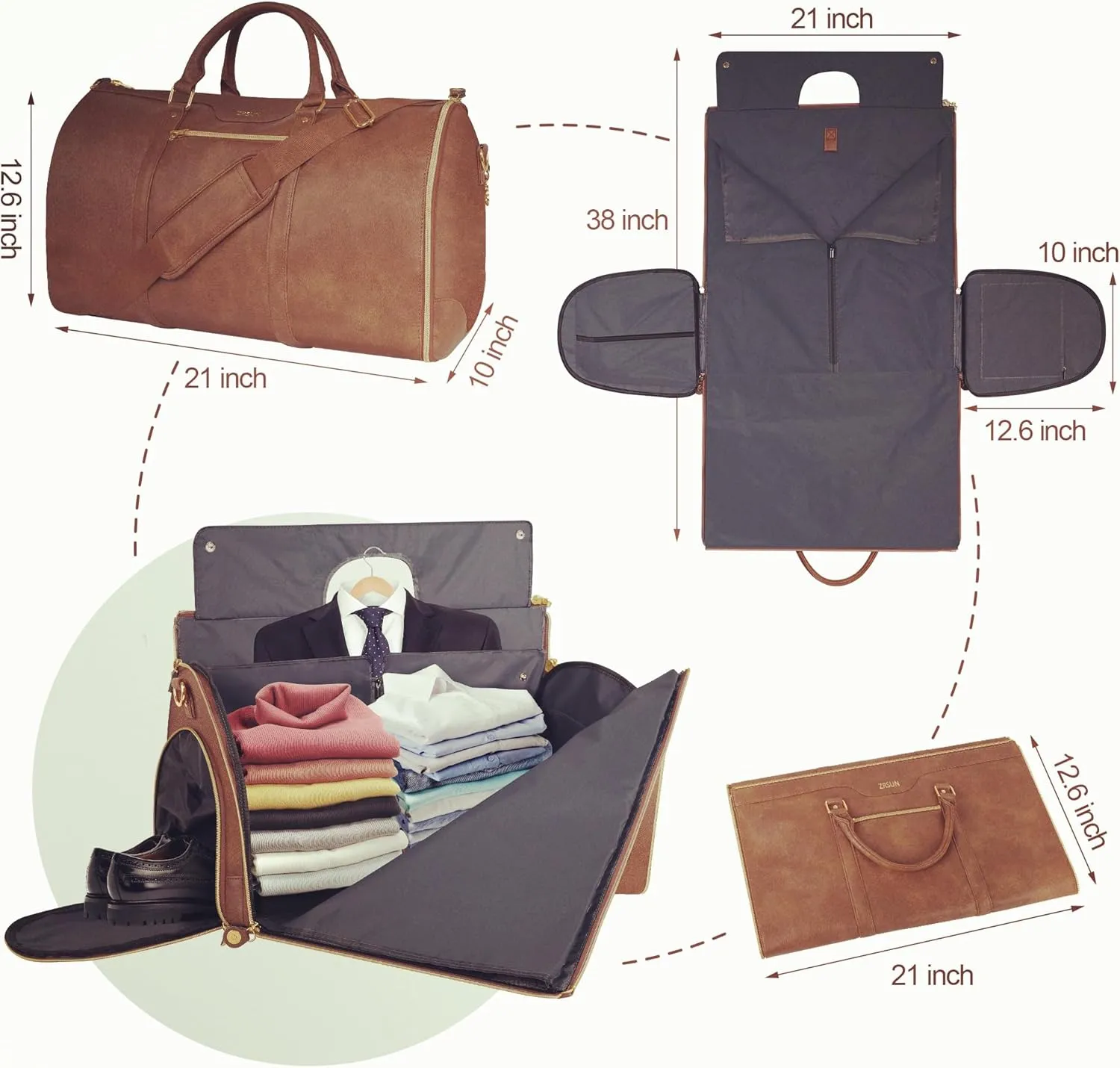 Garment Bag for Travel, Carry On Garment bag, Convertible Duffel Bag with Shoe Compartment, Perfect for Business Trips and Weekend Getaways (LT Brown)