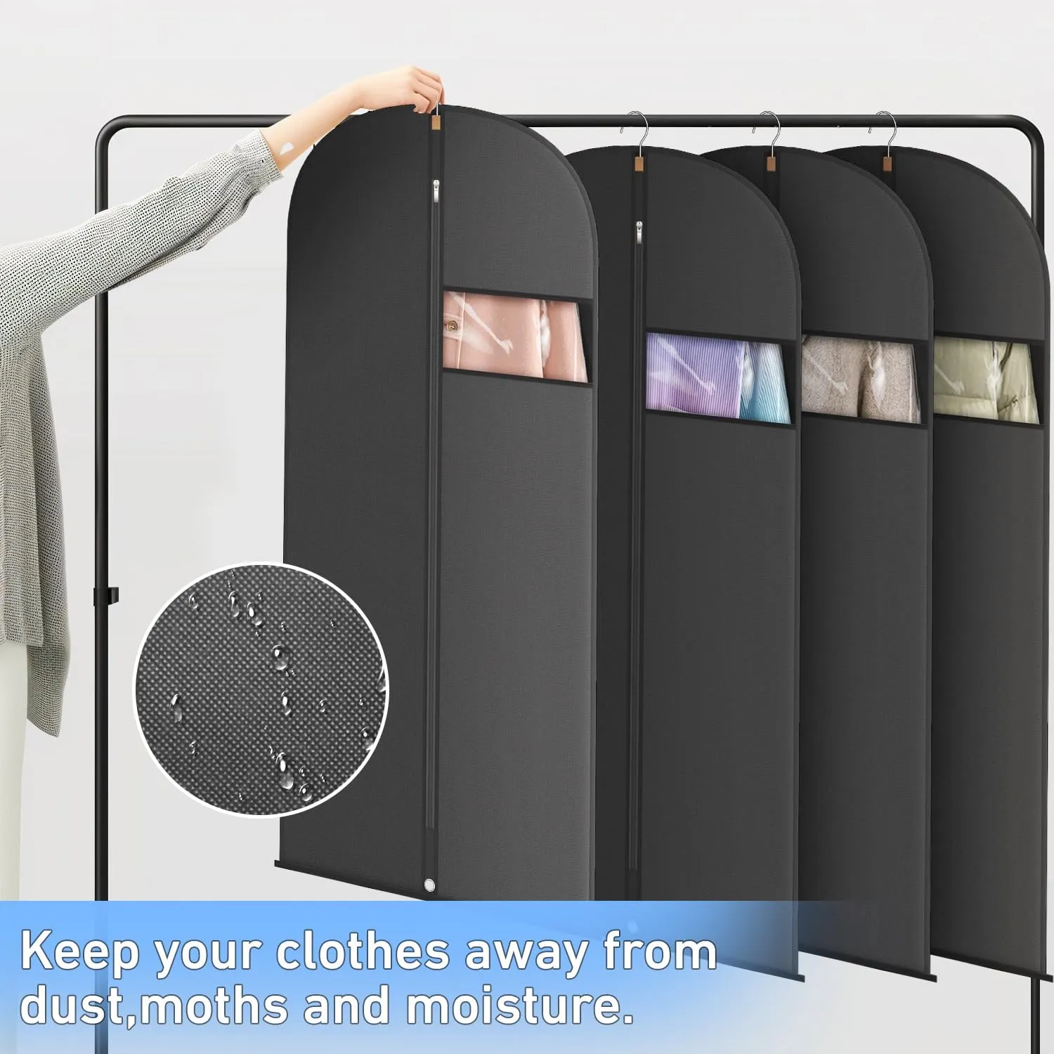 Garment Bags for Hanging Clothes, Suit Bags for Closet Storage and Travel, Suit Cover Bags with Zipper for Coats, Jackets, Shirts (Black, L 50" x 6 Pack)