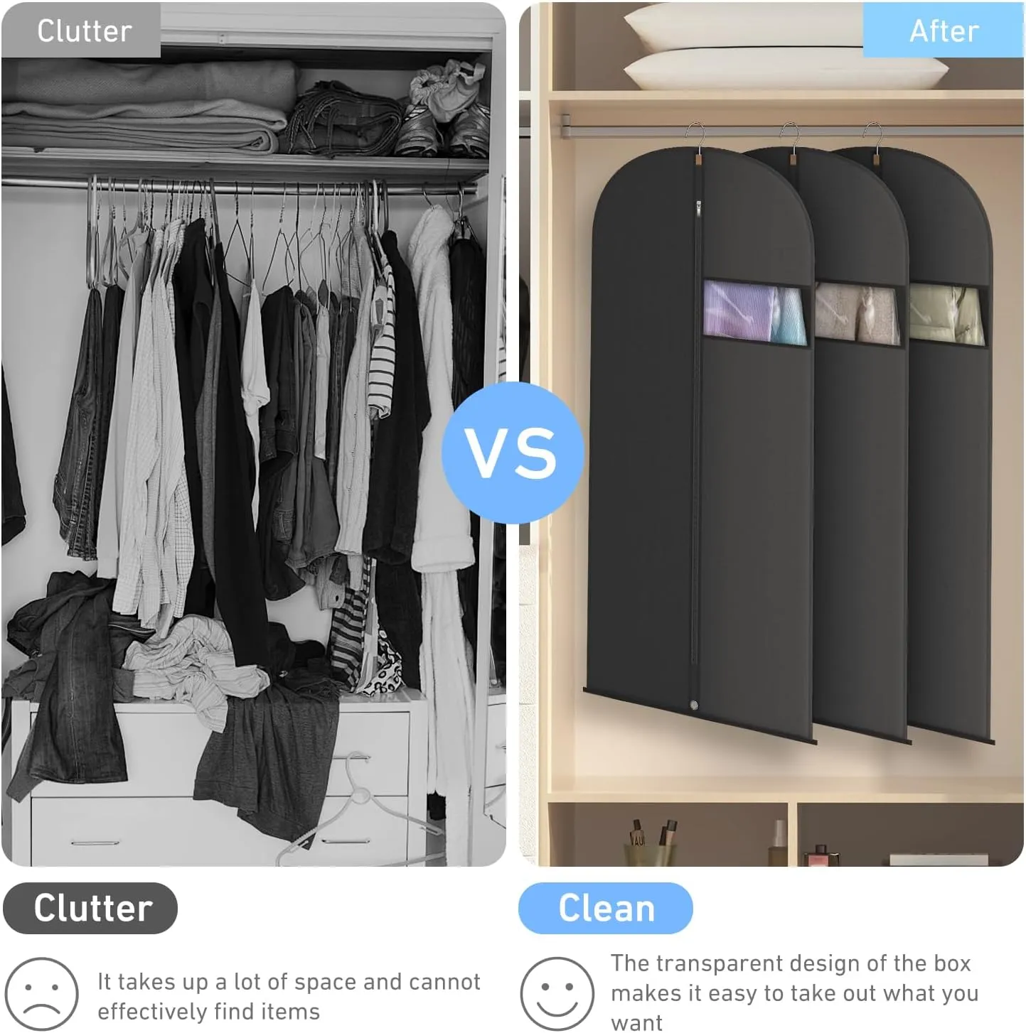 Garment Bags for Hanging Clothes, Suit Bags for Closet Storage and Travel, Suit Cover Bags with Zipper for Coats, Jackets, Shirts (Black, L 50" x 6 Pack)