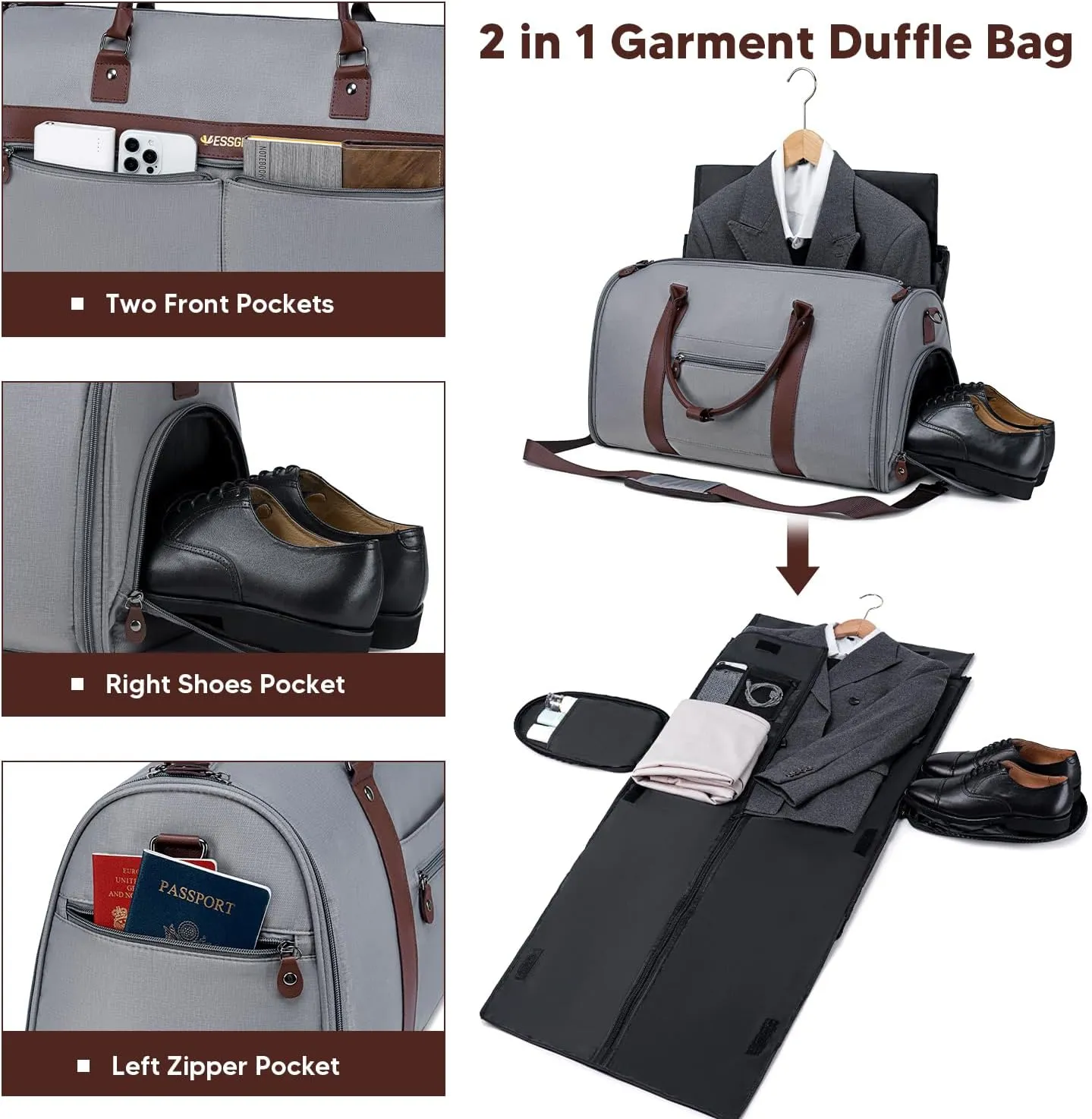 Garment Bags for Travel, Convertible Travel Garment Duffle Bag, Carry On Garment Bag for Men Women with Shoes Compartment, 2 in 1 Suit Bag Travel Duffel Bag with Detachable Shoulder Strap-Grey