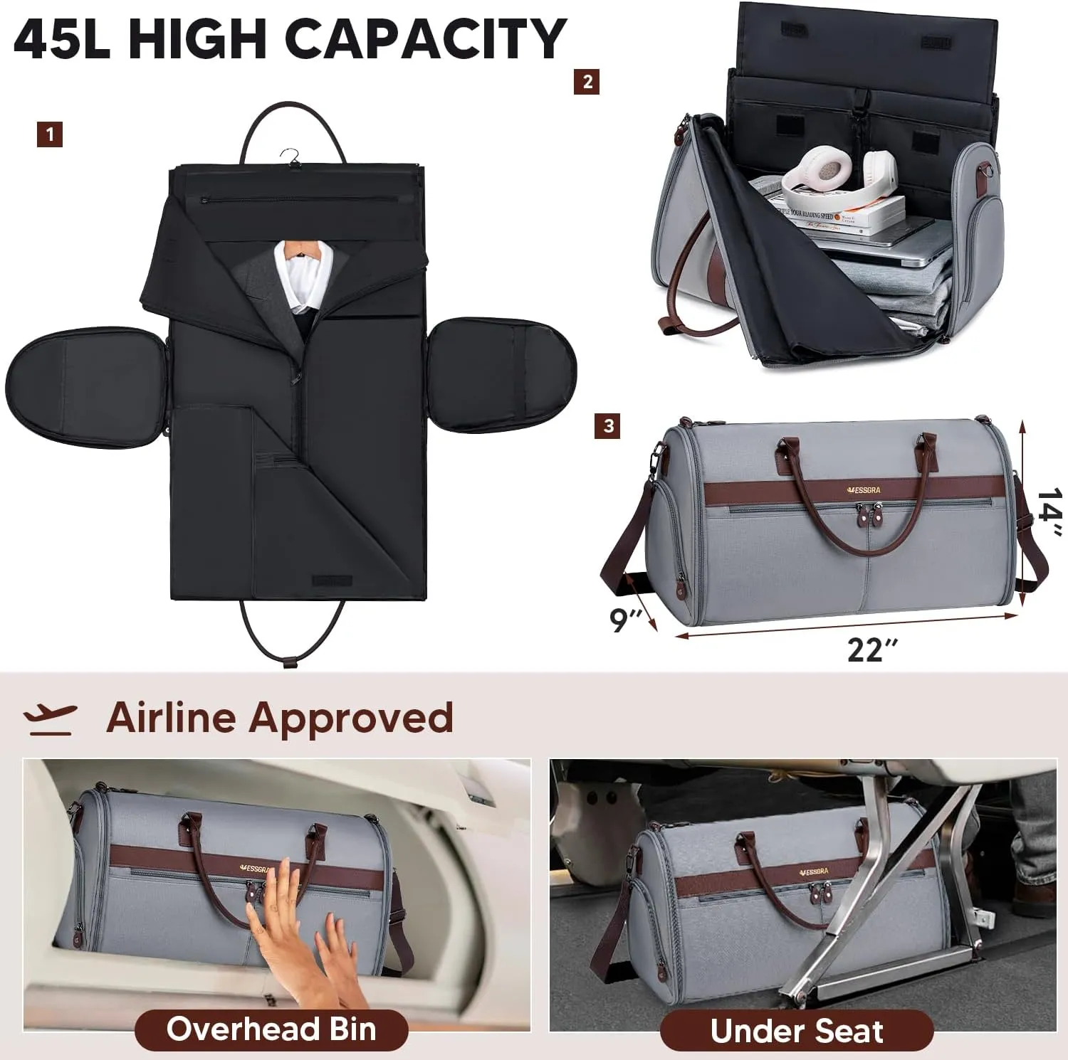 Garment Bags for Travel, Convertible Travel Garment Duffle Bag, Carry On Garment Bag for Men Women with Shoes Compartment, 2 in 1 Suit Bag Travel Duffel Bag with Detachable Shoulder Strap-Grey