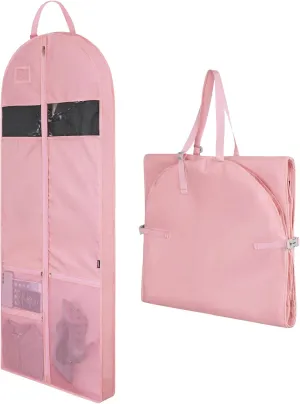 Garment Bags for Travel,60" Heavy Duty Suit Dress Garment Bag with 2 Clear Windows 3 Zipper Pockets,Dress Bags with Shoe Storage for Long Coat, Jacket, Sweater, Shirts, Suits - Pink
