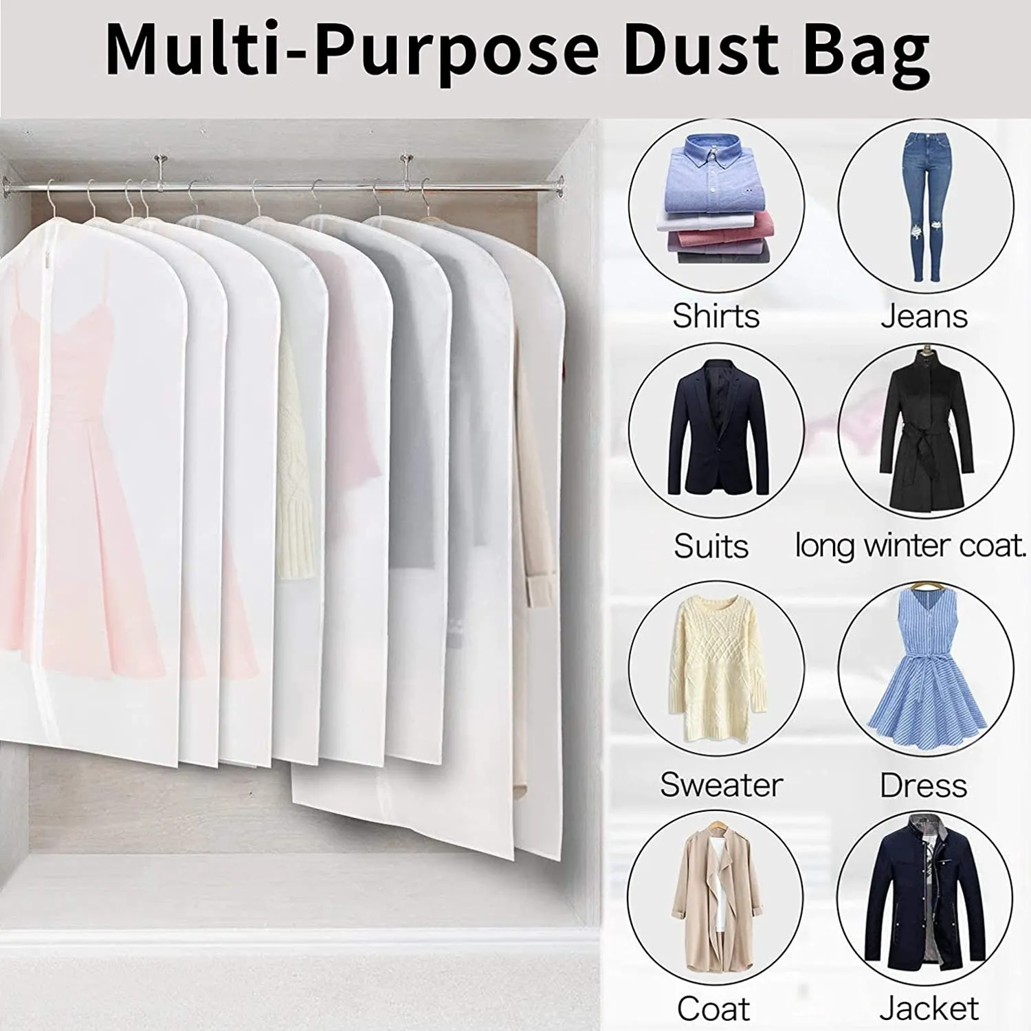 Garment Bags, Transparent Full Zipper Suit Bag Used for Closet Clothes Storage