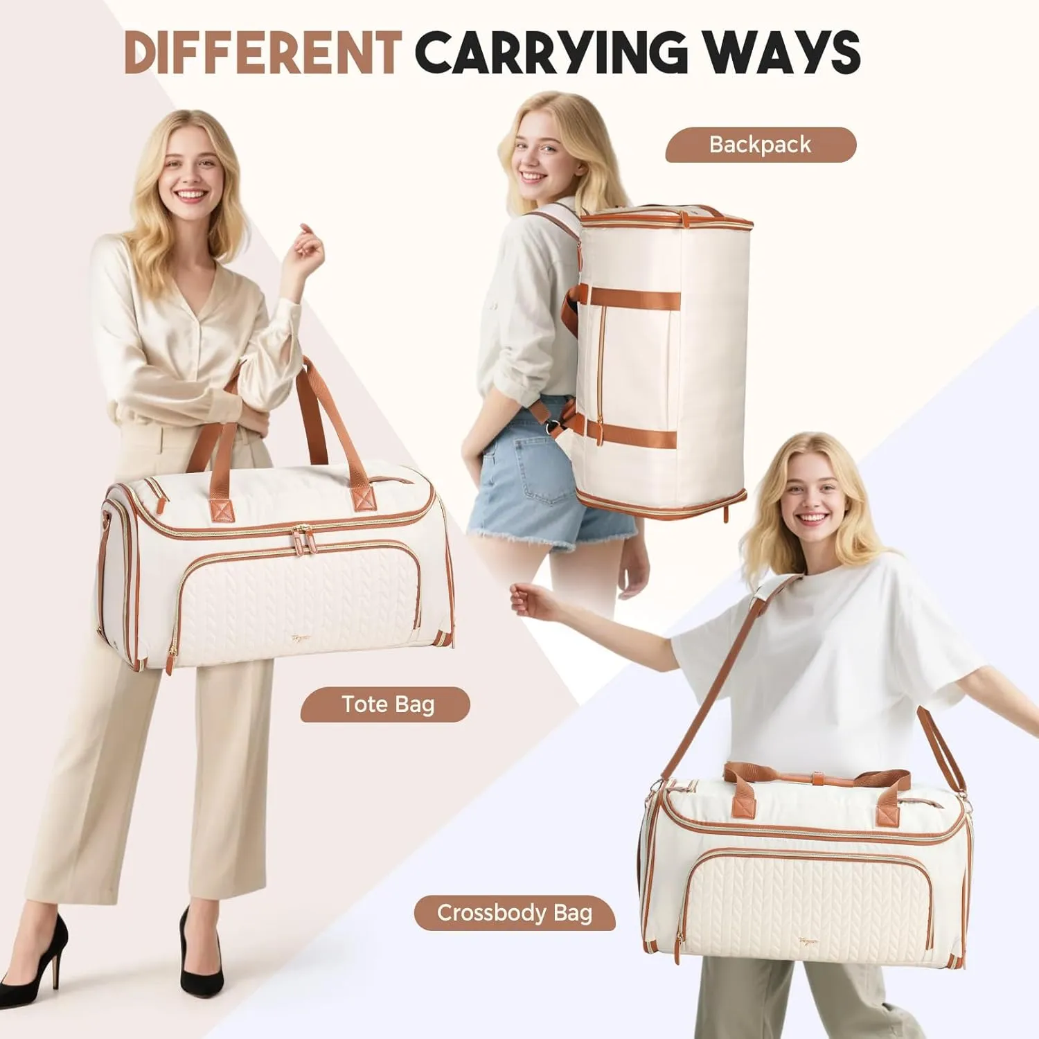 Garment Duffle Bags for Travel, 4ni1 Hanging Weekender Bag for Women, Convertible Carry on Garment Bag, Travel Garment Duffle Bag with Shoulder Strap, Apricot & Brown