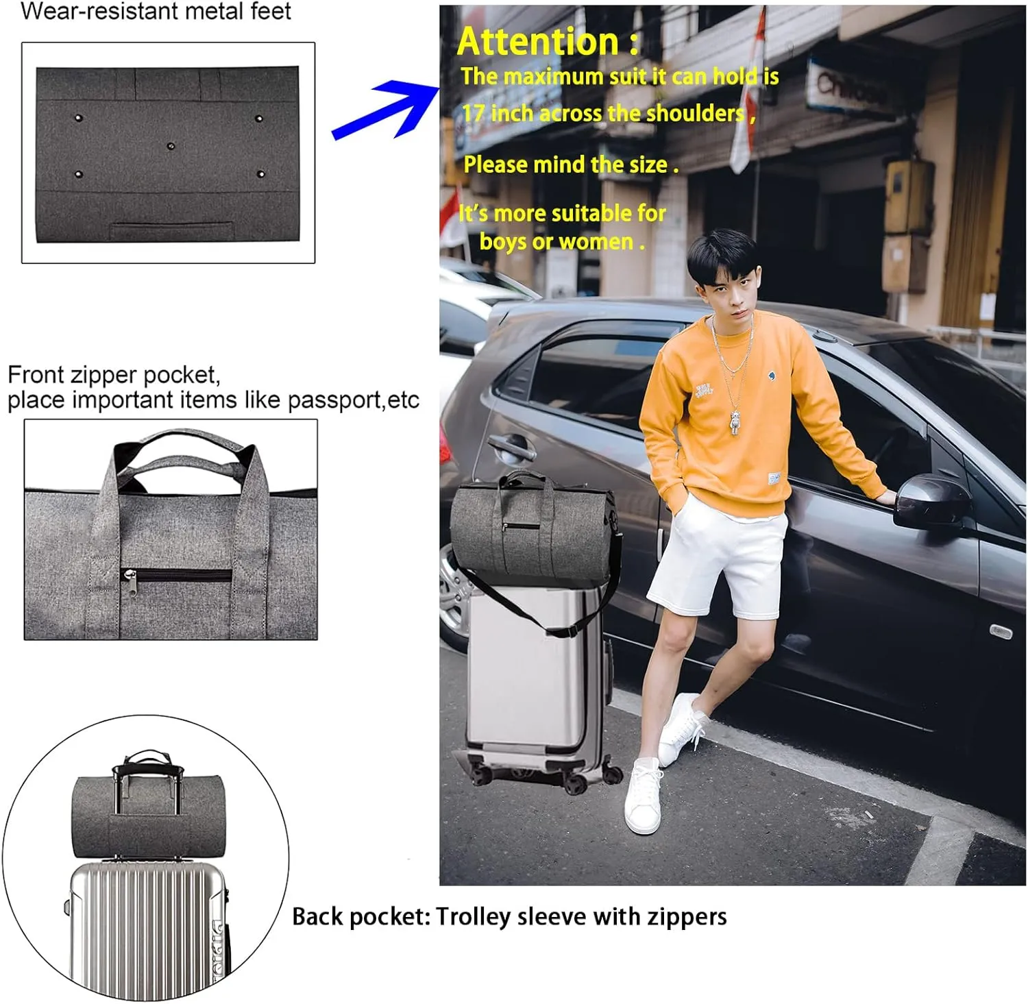 Garment Duffle Bags For Travel, Convertible Carry On Garment Bag With Shoulder Strap, Shoes Compartment Carry on Mens Garment Bag For Suits, 2 in 1 Suit Bags For Men Travel