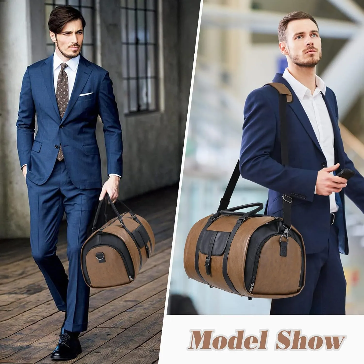 Garment Duffle Bags for Travel with Shoe Compartment 2 in 1 Convertible Carry on Garment Bag for Men Business Foldable Suit Bag for Hanging Clothes, Brown