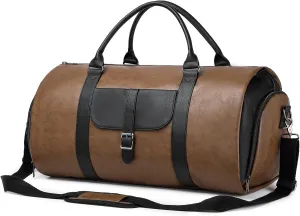 Garment Duffle Bags for Travel with Shoe Compartment 2 in 1 Convertible Carry on Garment Bag for Men Business Foldable Suit Bag for Hanging Clothes, Brown