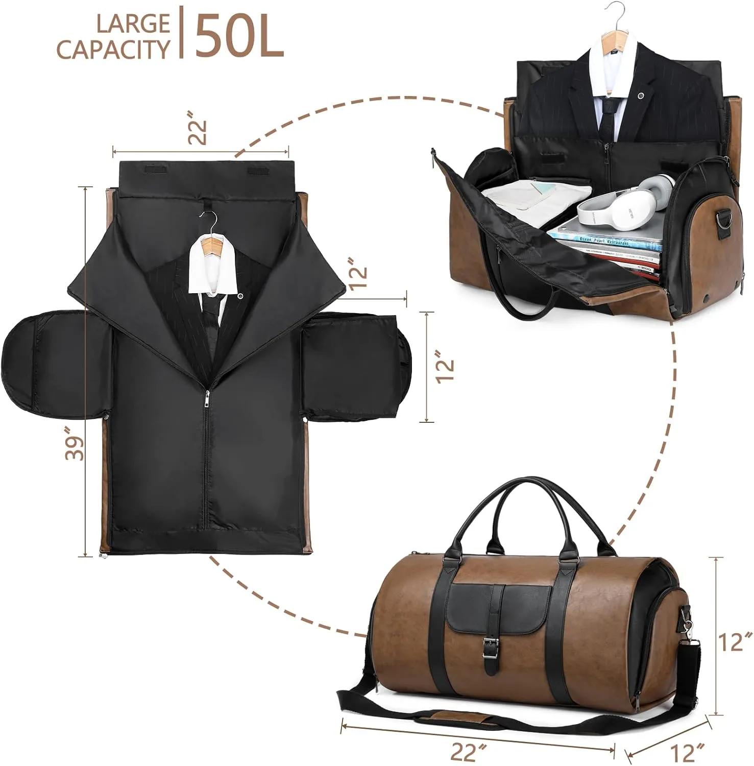 Garment Duffle Bags for Travel with Shoe Compartment 2 in 1 Convertible Carry on Garment Bag for Men Business Foldable Suit Bag for Hanging Clothes, Brown