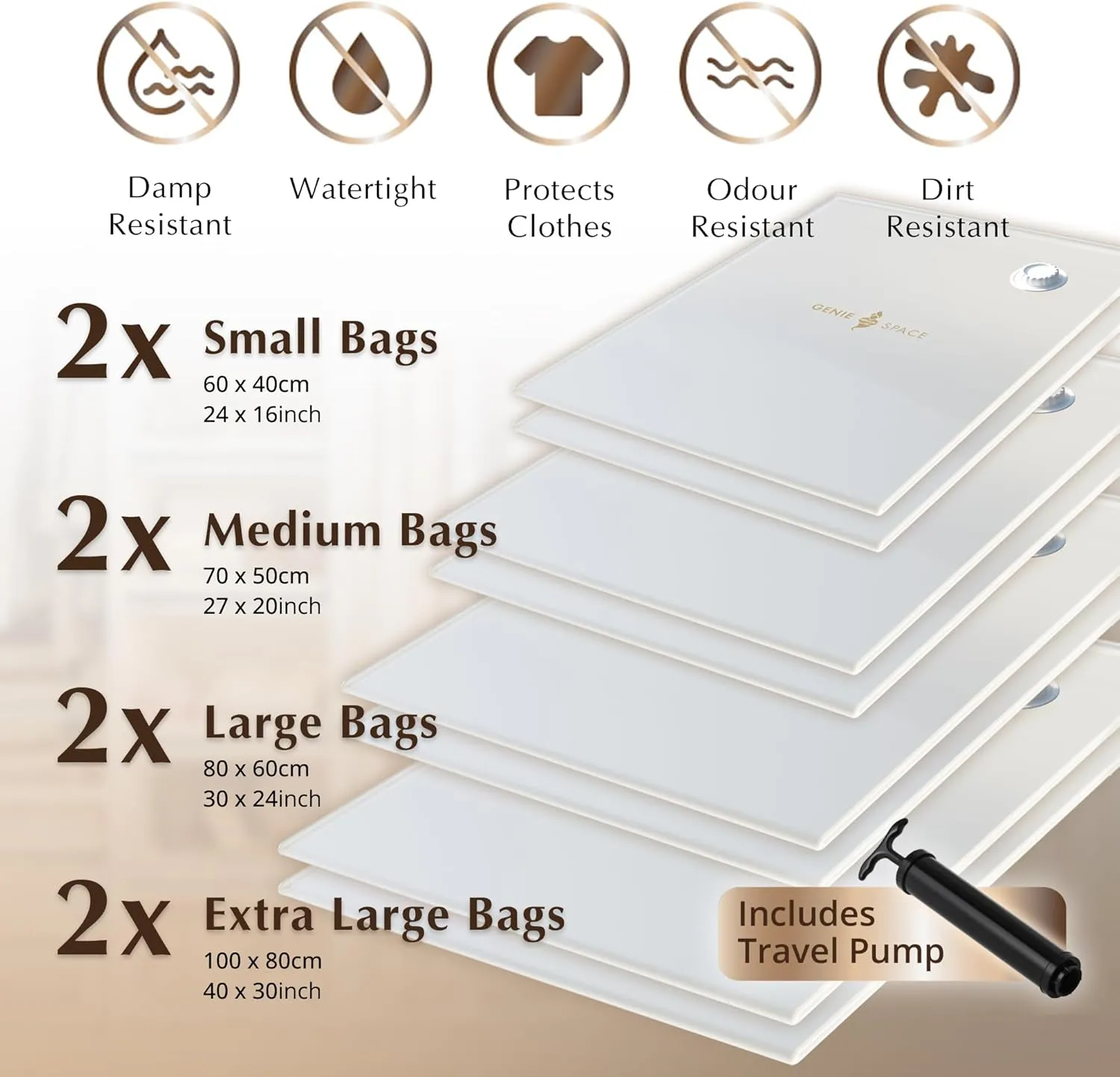 GENIE SPACE - Incredibly Strong Premium Space Saving Vacuum Bags Storage | Variety 8 Pack (2XL 2L 2M 2S) | Airtight & Reusable | Create 80% more space | For Clothes, Towels, Bedding, Duvets and more..