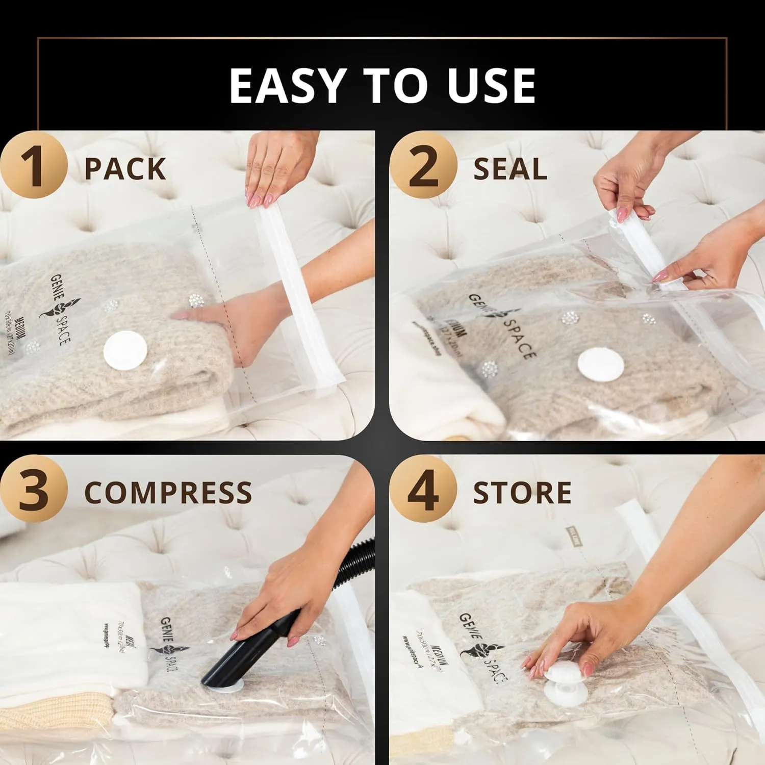 GENIE SPACE - Incredibly Strong Premium Space Saving Vacuum Bags Storage | Variety 8 Pack (2XL 2L 2M 2S) | Airtight & Reusable | Create 80% more space | For Clothes, Towels, Bedding, Duvets and more..