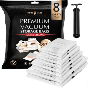 GENIE SPACE - Incredibly Strong Premium Space Saving Vacuum Bags Storage | Variety 8 Pack (2XL 2L 2M 2S) | Airtight & Reusable | Create 80% more space | For Clothes, Towels, Bedding, Duvets and more..