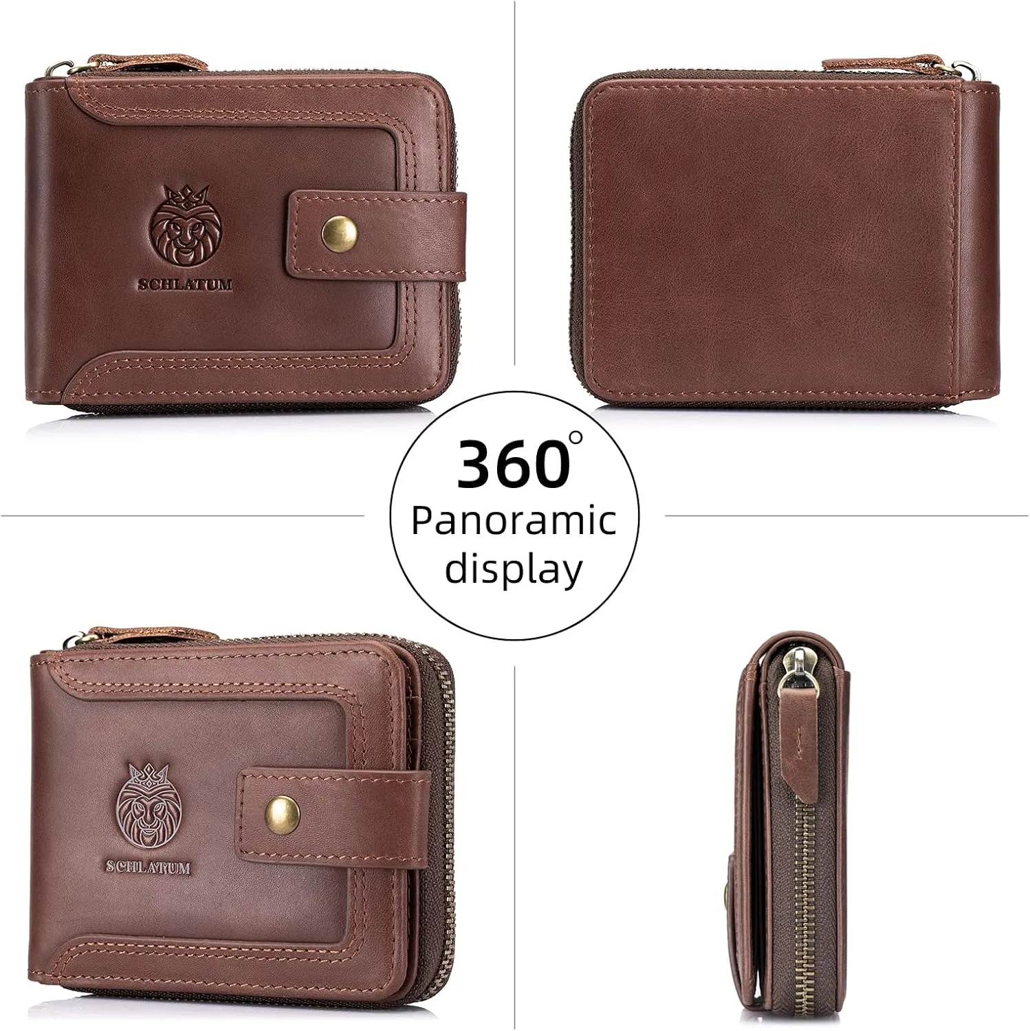 Genuine Leather Zipper Wallet for Men RFID Blocking Large Capacity Vintage Wallet with Coin Pocket ID Window, Coffee