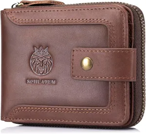 Genuine Leather Zipper Wallet for Men RFID Blocking Large Capacity Vintage Wallet with Coin Pocket ID Window, Coffee