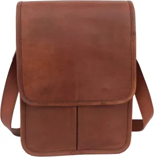 Genuine Vintage Leather Crossbody Messenger Bag, Slim Vertical Messenger Bag Fits 13 Inch Laptop, Unisex Shoulder Bag with Adjustable Straps and Brass Accessories, Brown