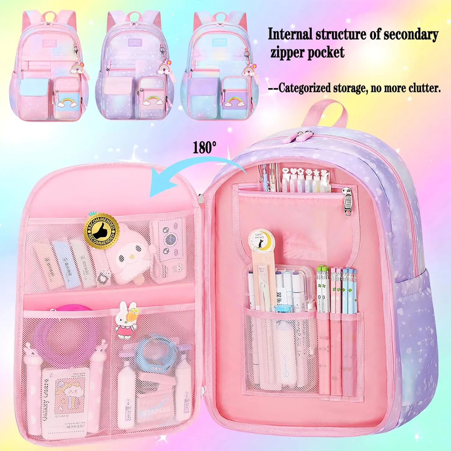 Girls Backpack Starry Rainbow Bookbag Cute Large Capacity Backpack Multifunction Fashion Casual Laptop Travel Bag For Girl (Purple-17inch)