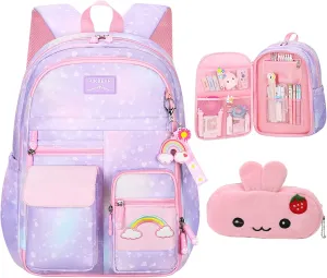Girls Backpack Starry Rainbow Bookbag Cute Large Capacity Backpack Multifunction Fashion Casual Laptop Travel Bag For Girl (Purple-17inch)