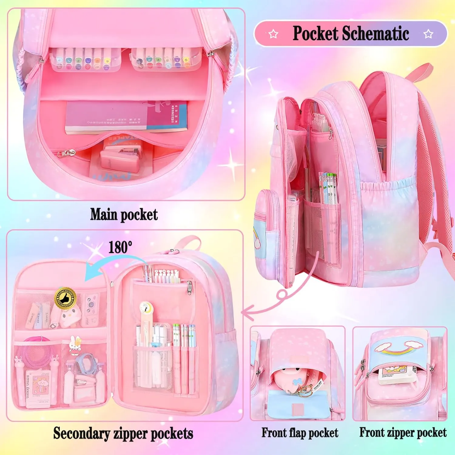 Girls Backpack Starry Rainbow Bookbag Cute Large Capacity Backpack Multifunction Fashion Casual Laptop Travel Bag For Girl (Purple-17inch)