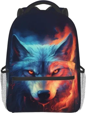 Giwawa Wolf Backpack for School, Blue Red Fire Wolf Animal Lightweight Sports Bookbags Shoulder Pack Laptop Casual Daypack Travel Bag for Women Men Boys Girls Teens Students