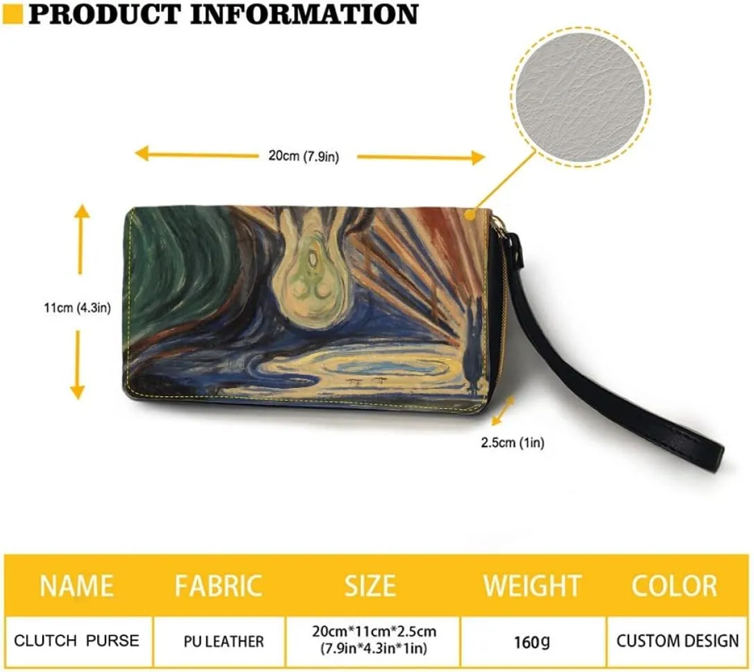 GLUDEAR Art Van Gogh Oil Painting Long Wallet for Womens Mens PU Leather Metal Zip RFID Wallet Clutch Purse,Edvard Munch The Scream,OneSize