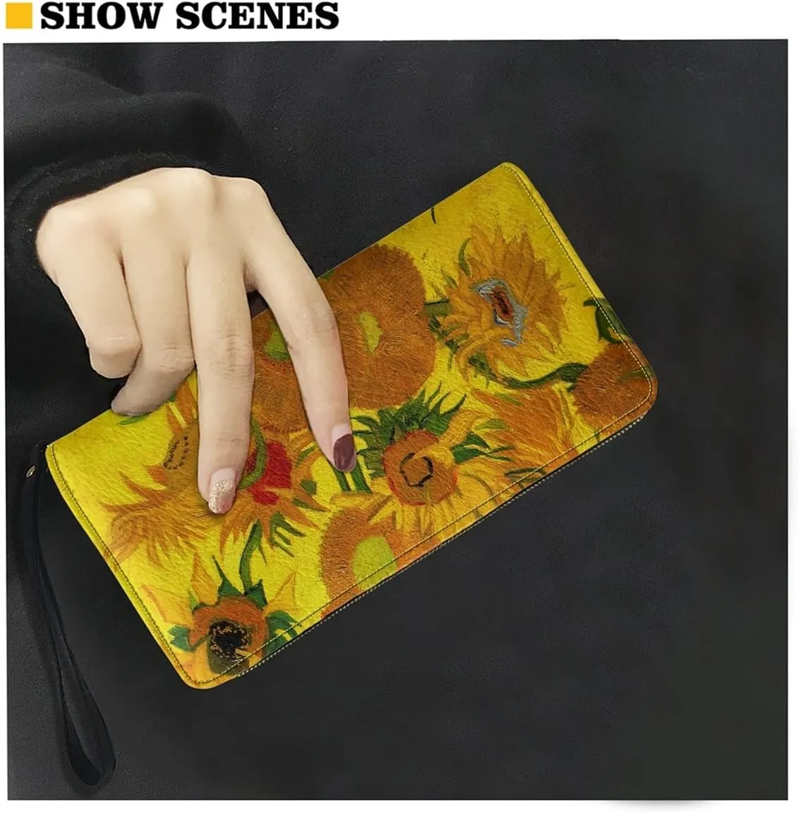 GLUDEAR Art Van Gogh Oil Painting Long Wallet for Womens Mens PU Leather Metal Zip RFID Wallet Clutch Purse,Vase with Fifteen Sunflowers,OneSize